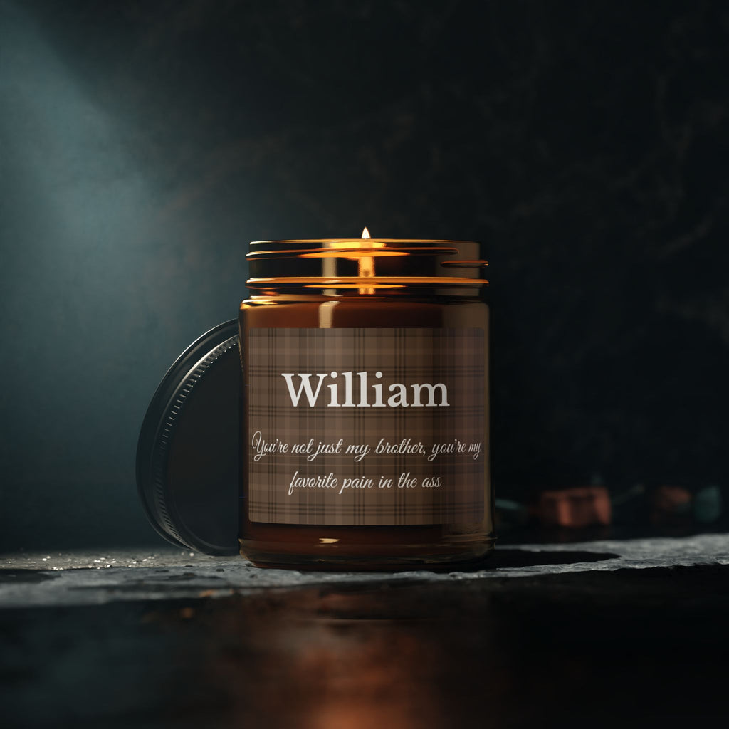 Personalised funny brother soy candle 4oz and 9oz amber jar size comparison