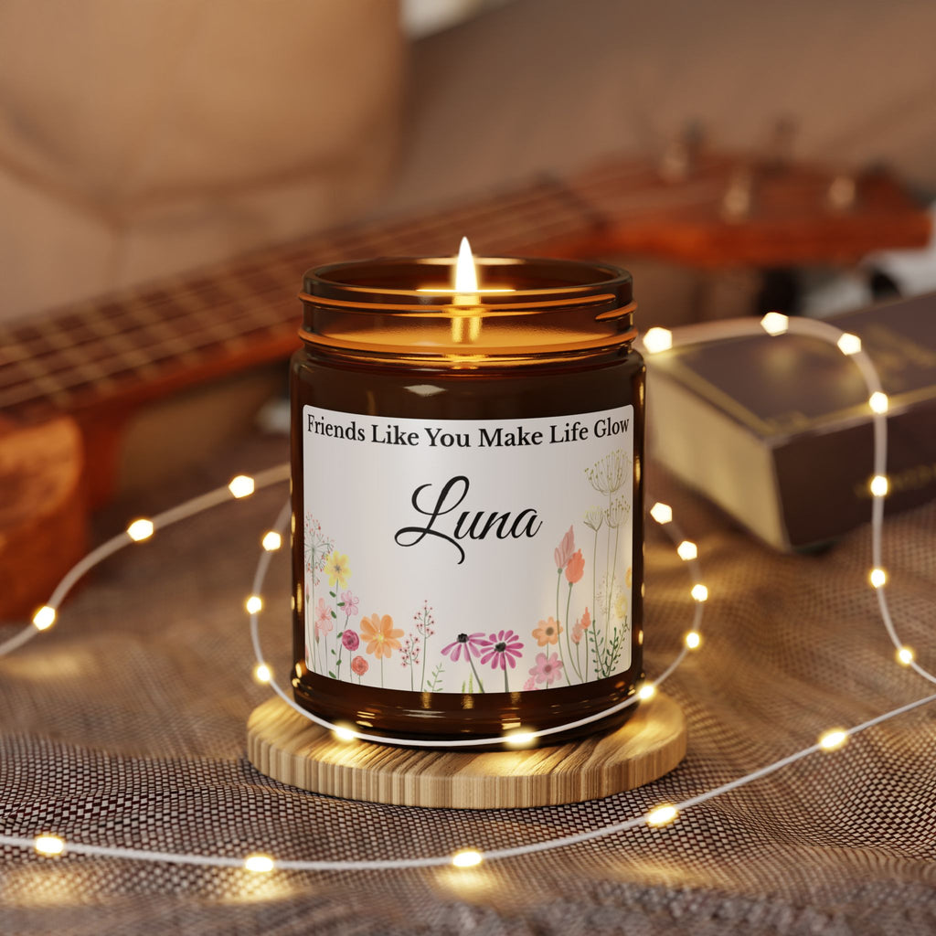 Close-up of the wildflower artwork and personalised name on the candle label