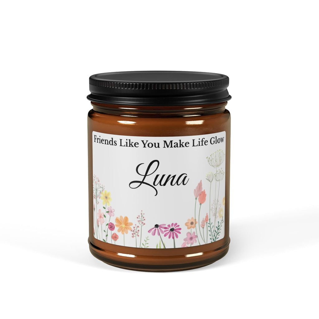 Personalised amber glass soy candle with name Luna and Friends Like You Make Life Glow floral design