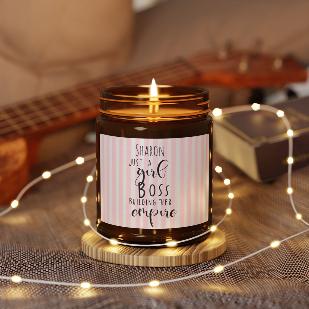 Close-up of personalised girl boss candle label with mixed typography design