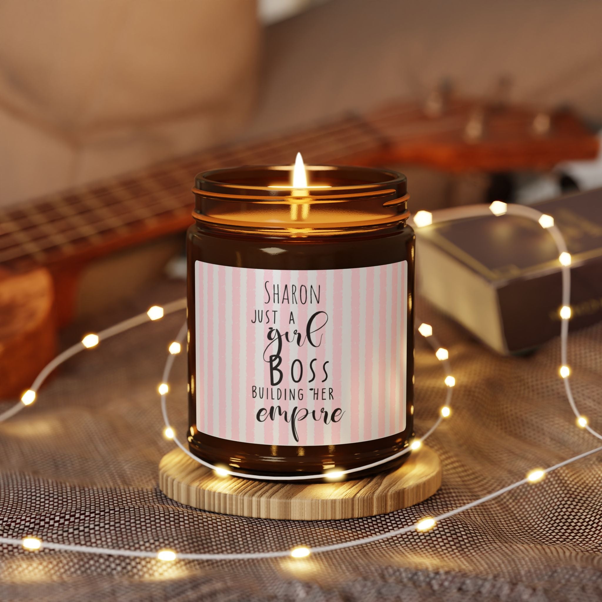 Close-up of personalised girl boss candle label with mixed typography design