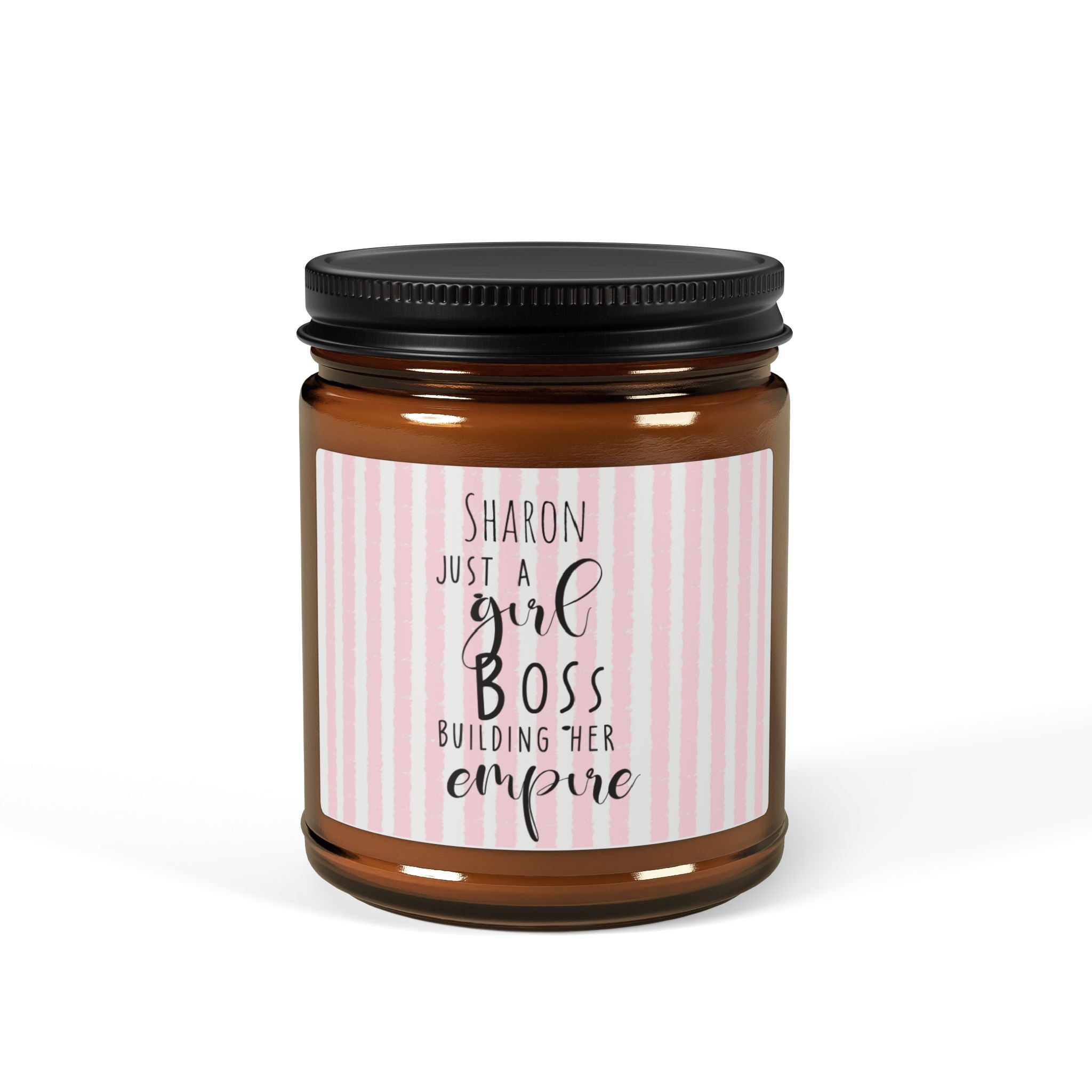 Personalised soy candle in amber jar – Just a Girl Boss Building Her Empire, pink stripe label