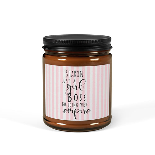 Personalised soy candle in amber jar – Just a Girl Boss Building Her Empire, pink stripe label