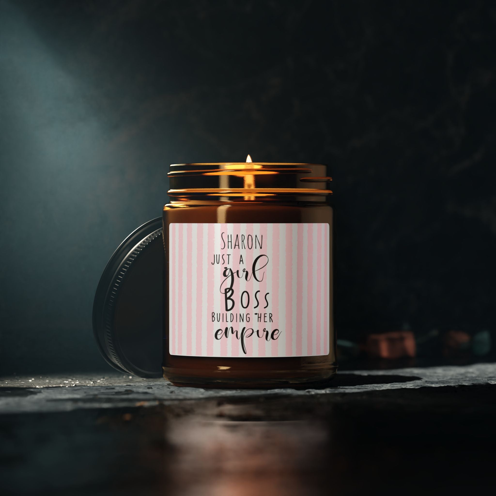 Personalised girl boss soy candle 4oz and 9oz amber jar size comparison