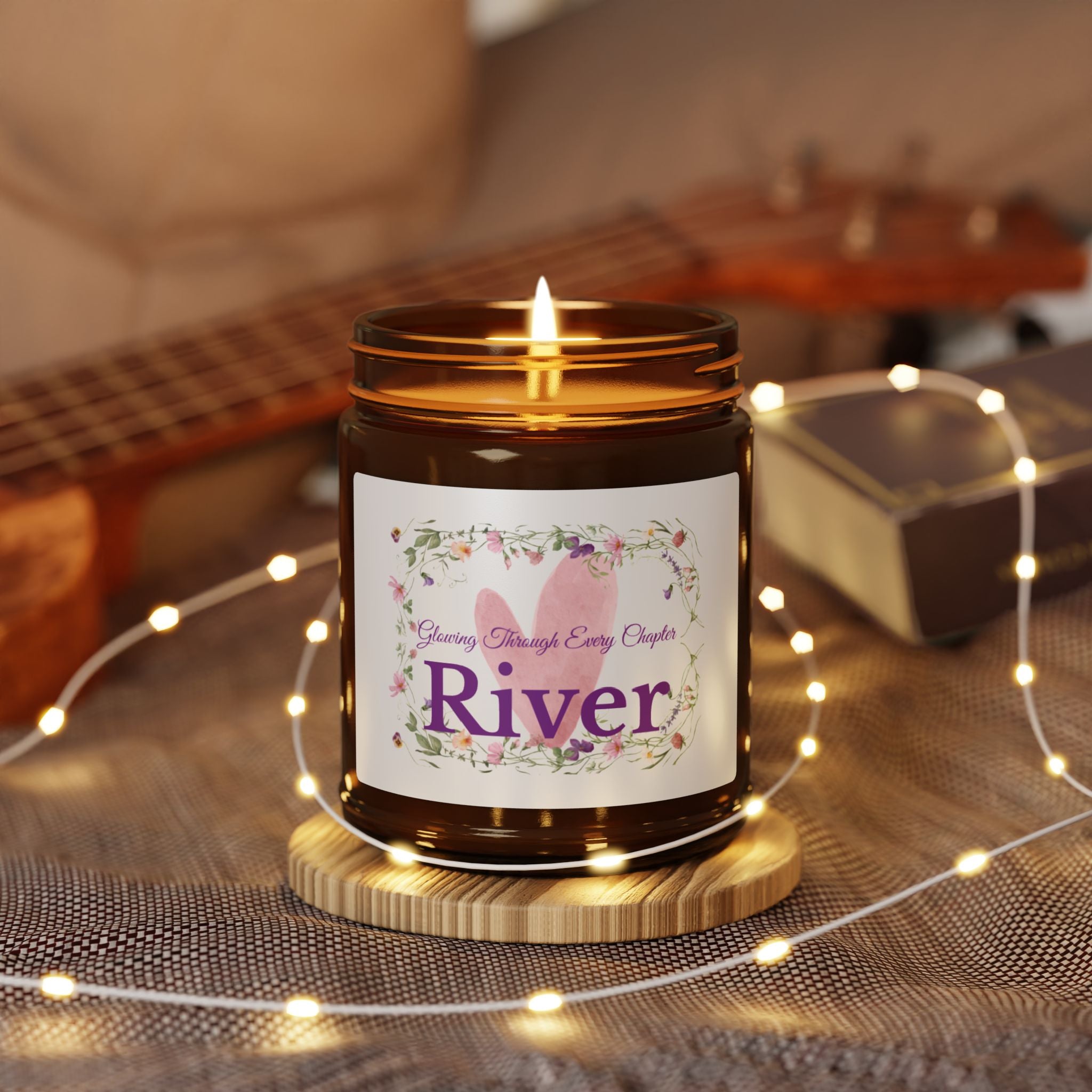 Glowing Through Every Chapter personalised candle in home setting – new chapter gift