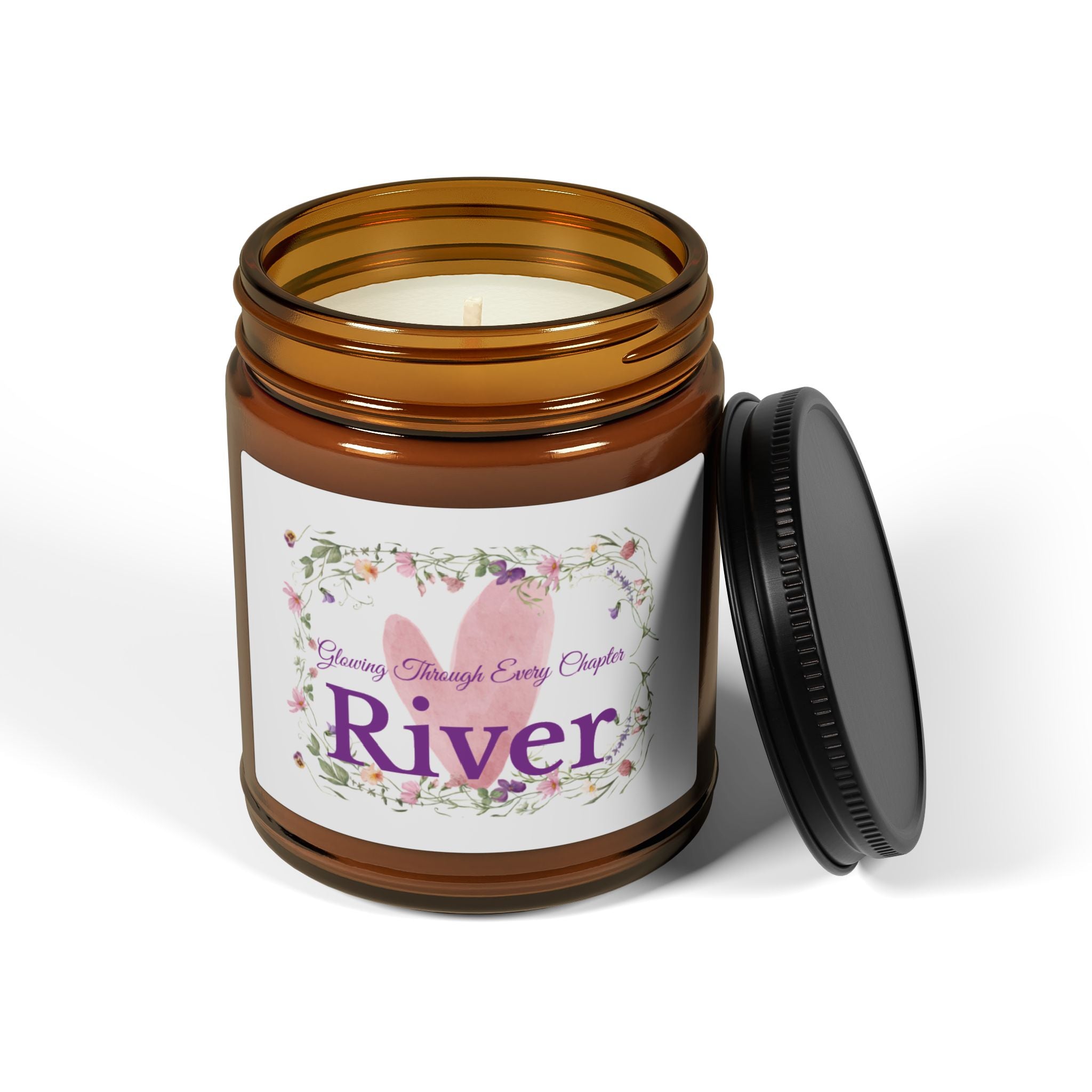 Close-up of wildflower wreath candle label with watercolour heart and personalised name
