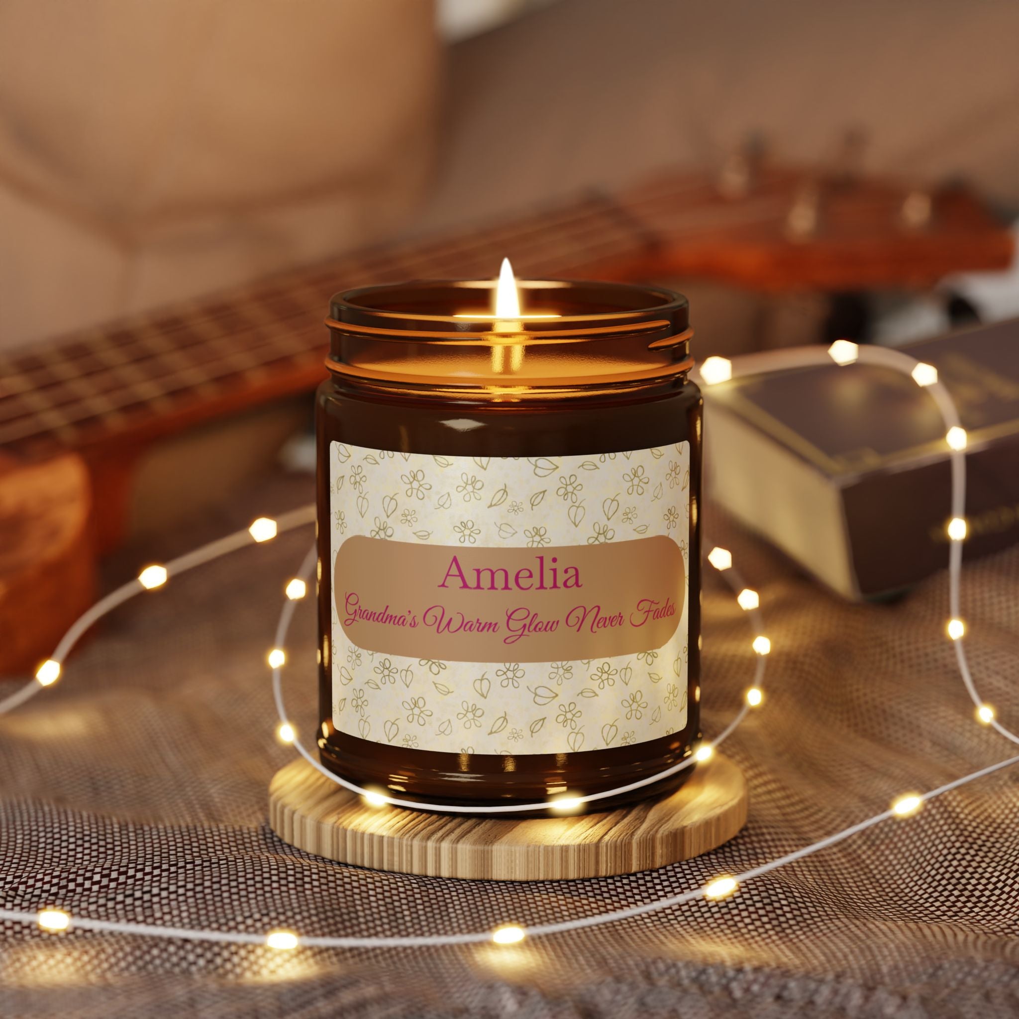 Personalised grandmother gift candle in home setting – birthday or Christmas gift