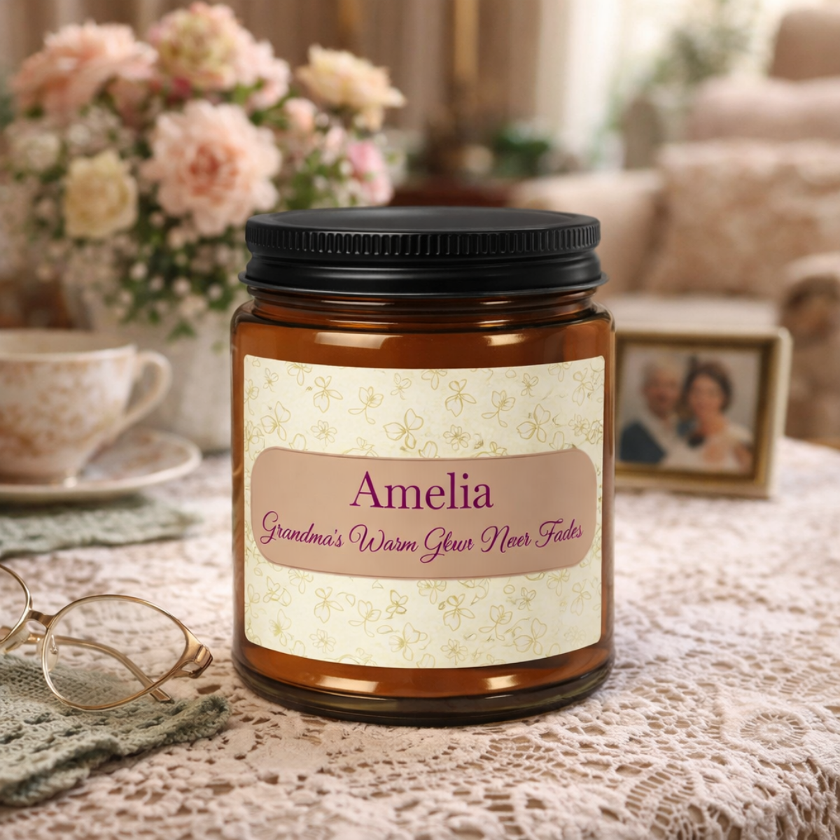 Grandma's Warm Glow personalised candle lifestyle shot – Mother's Day gift for grandma