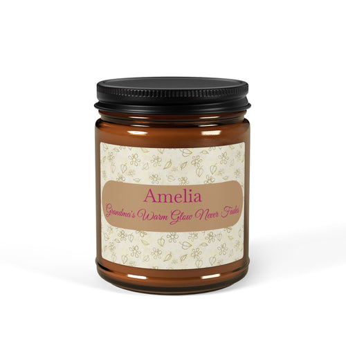 Personalised grandma candle in amber jar – Grandma's Warm Glow Never Fades, cream floral label