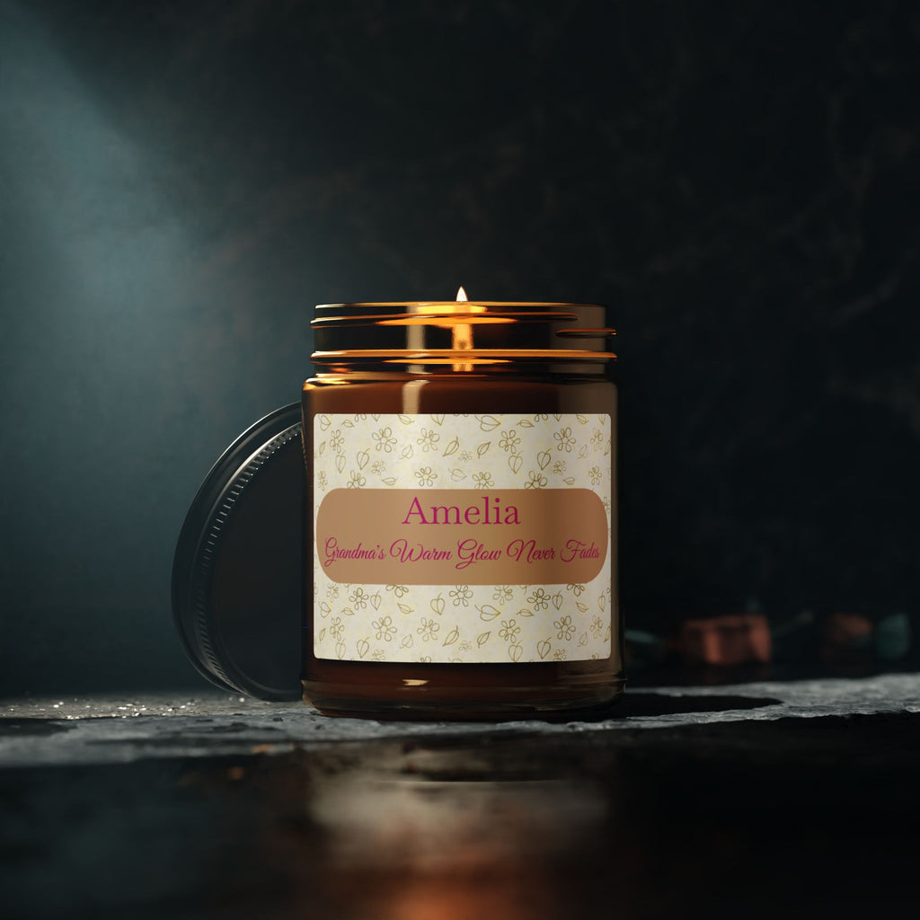 Personalised grandma soy candle in 4oz and 9oz amber glass jar sizes