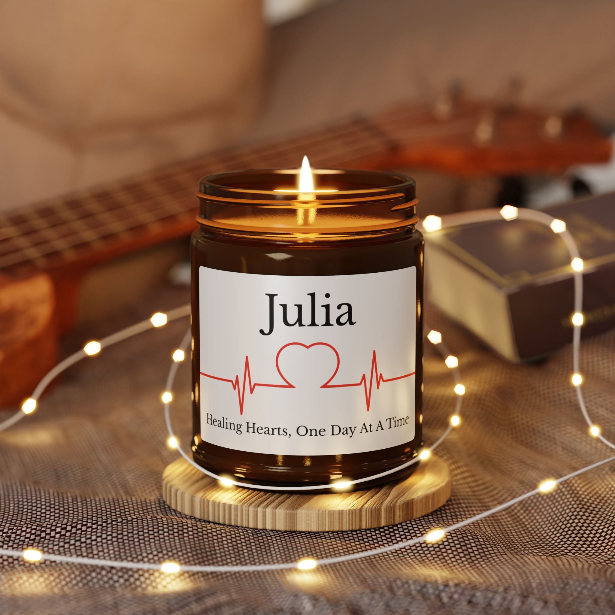 Close-up of the heartbeat line and heart design on the candle label