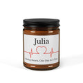 Personalised amber glass soy candle with name Julia and Healing Hearts One Day At A Time nurse design
