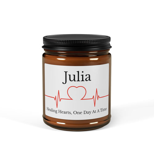 Personalised amber glass soy candle with name Julia and Healing Hearts One Day At A Time nurse design