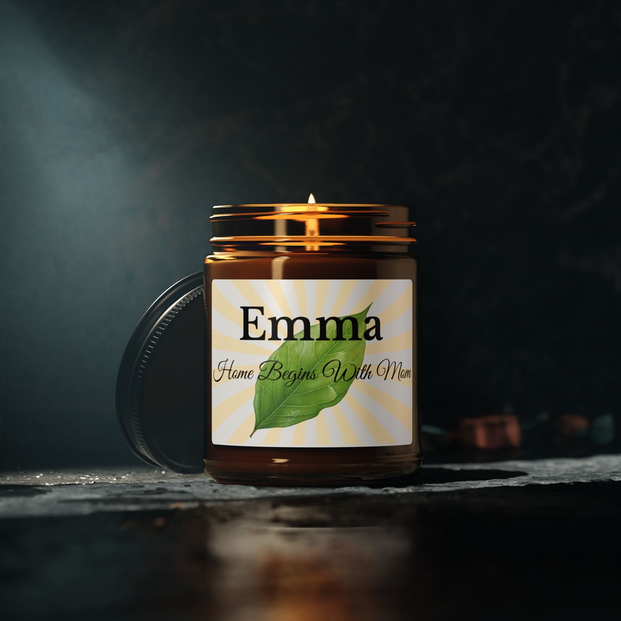 Home Begins With Mom personalised candle as Mother's Day gift in home setting