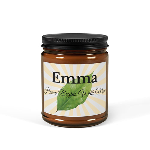 Personalised soy candle for mom – Home Begins With Mom, sunburst label with leaf motif