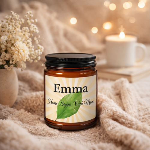 Home Begins With Mom personalised soy candle 4oz and 9oz size comparison