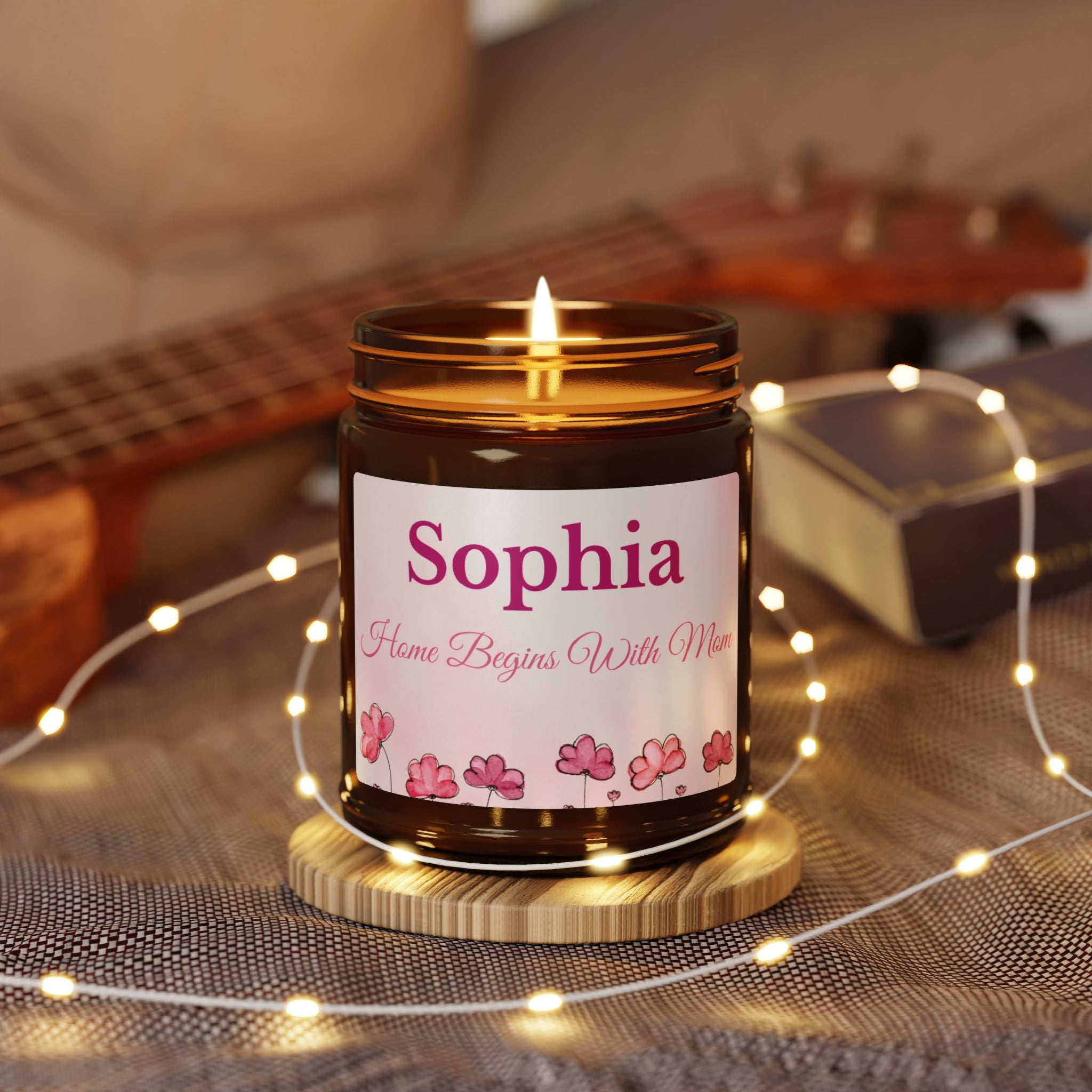 Pink floral personalised candle for mom in home setting – Mother's Day gift idea