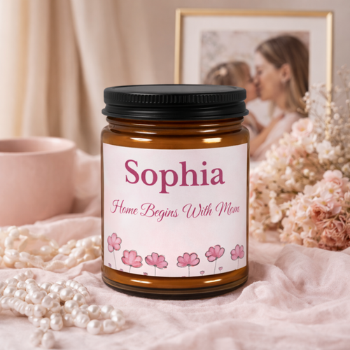 Personalised floral mom candle lifestyle shot – thoughtful Mother's Day or birthday gift