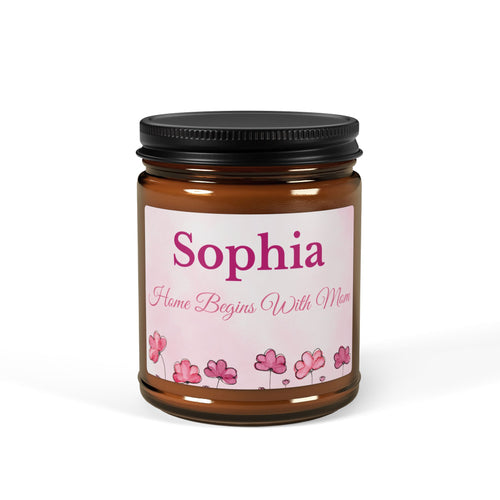 Personalised mom candle in amber jar – Home Begins With Mom, pink floral watercolour label
