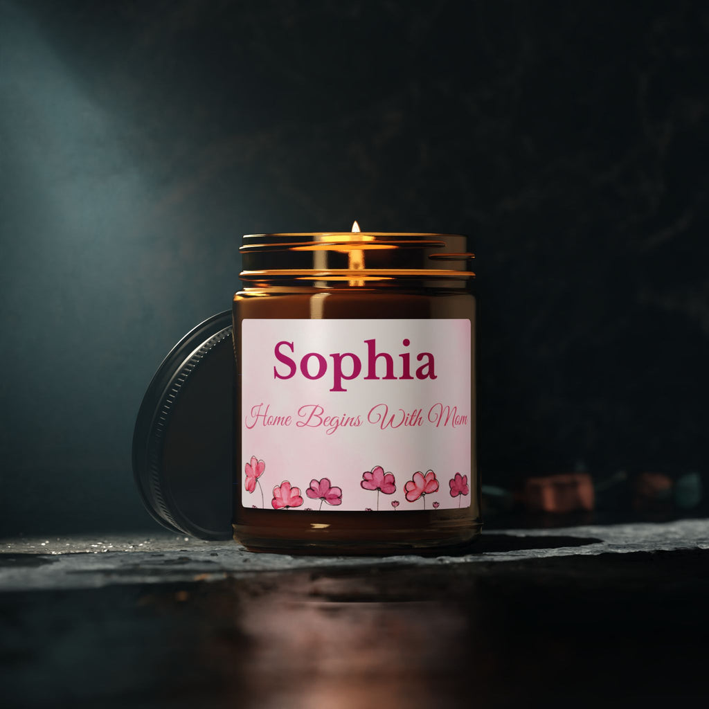 Home Begins With Mom floral personalised soy candle 4oz and 9oz amber jar sizes