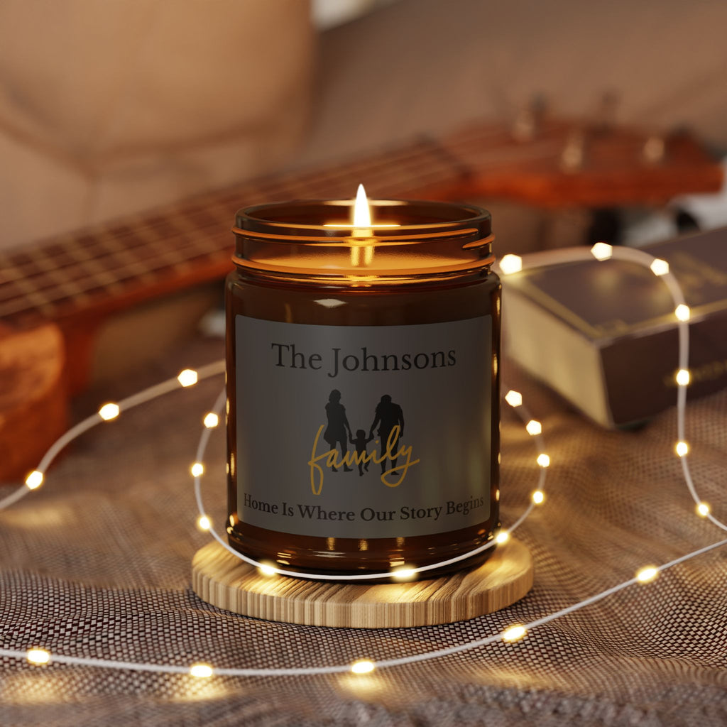 Home Is Where Our Story Begins family candle in living room setting – new home gift idea