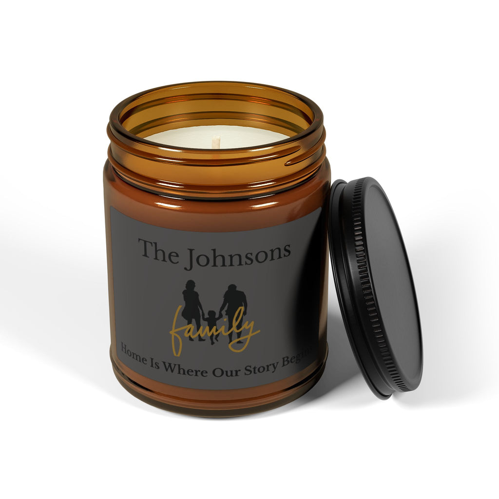 Close-up of family candle label with three-person silhouette and gold family script