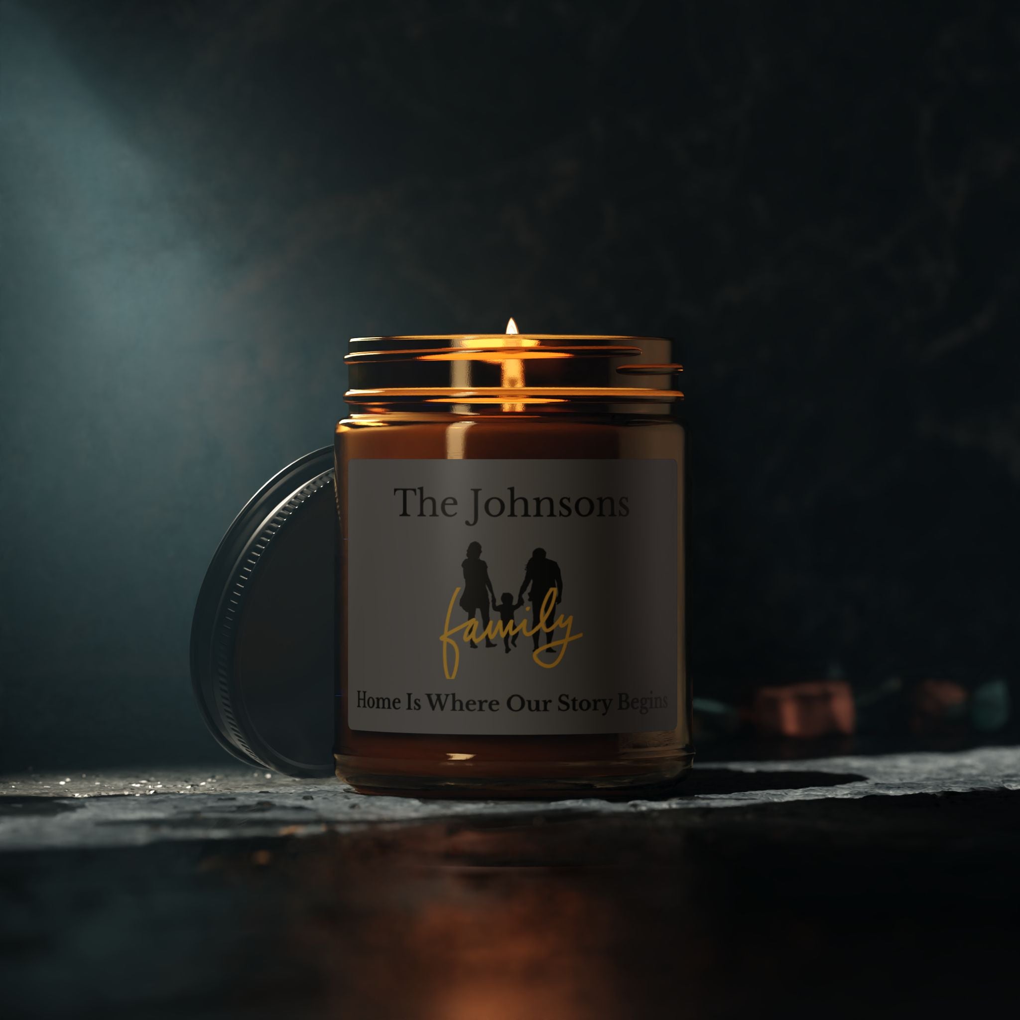 Personalised family candle lifestyle shot – housewarming or Christmas gift for family