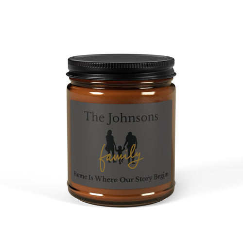 Personalised family candle – Home Is Where Our Story Begins, charcoal label with family silhouette