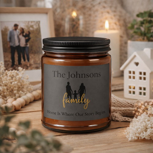 Personalised family candle size options – 4oz and 9oz amber jar