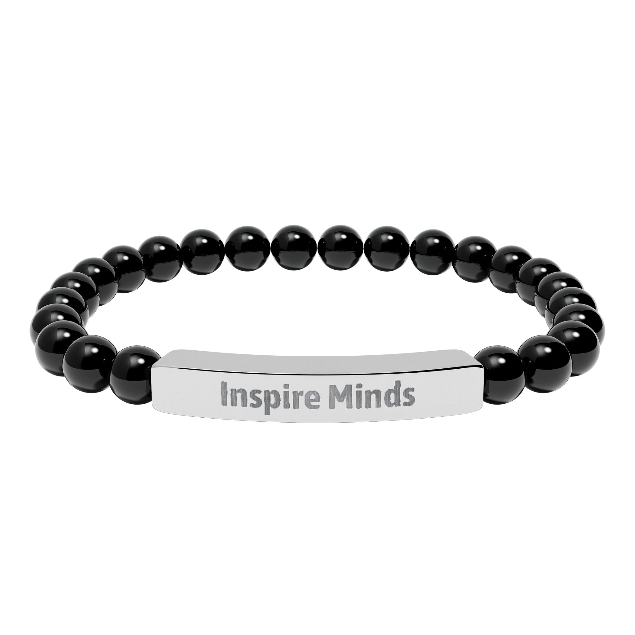 Close-up of the engraved stainless steel bar on the bracelet