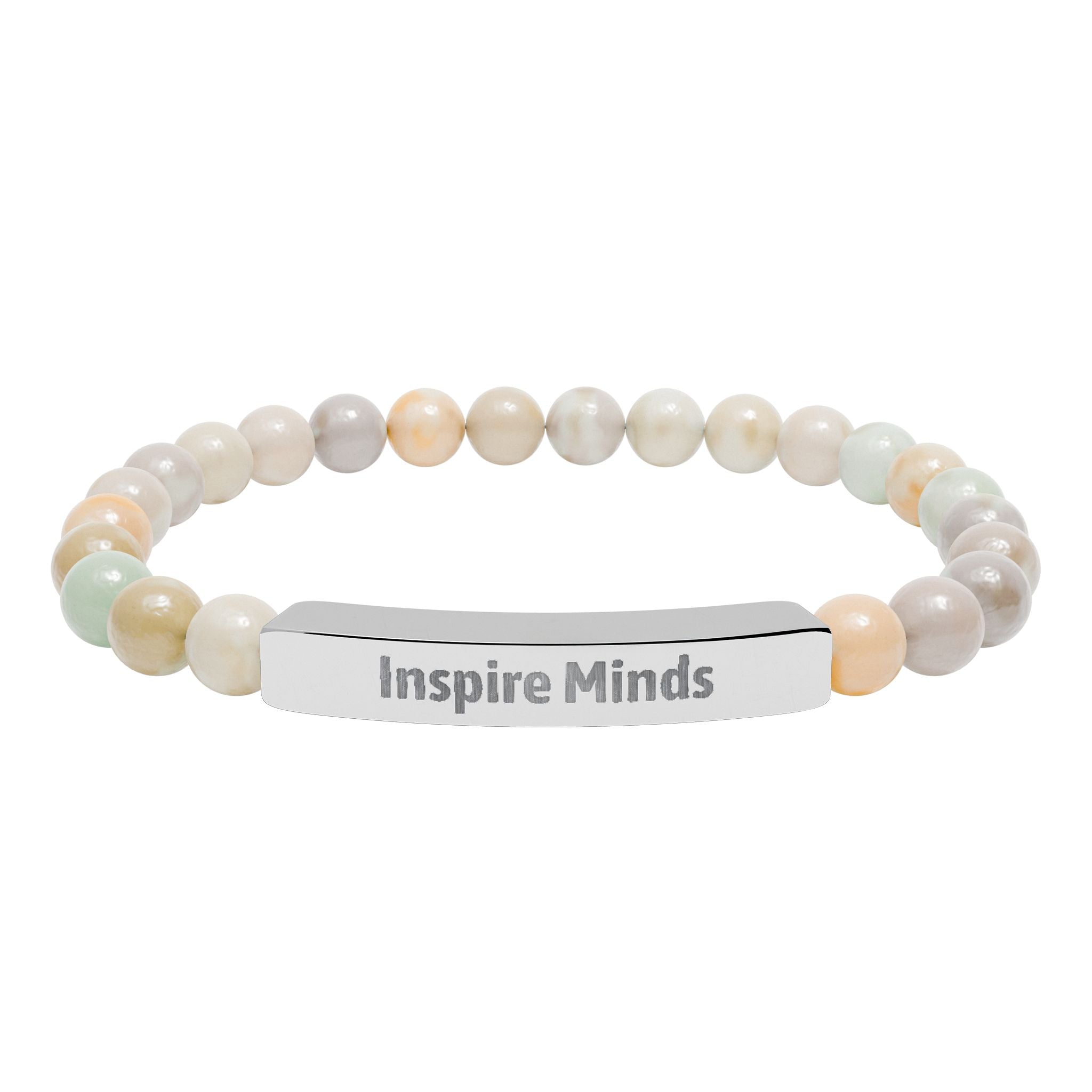 Engraved bar bracelet with natural stone beads reading Inspire Minds