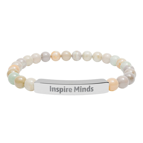 Engraved bar bracelet with natural stone beads reading Inspire Minds