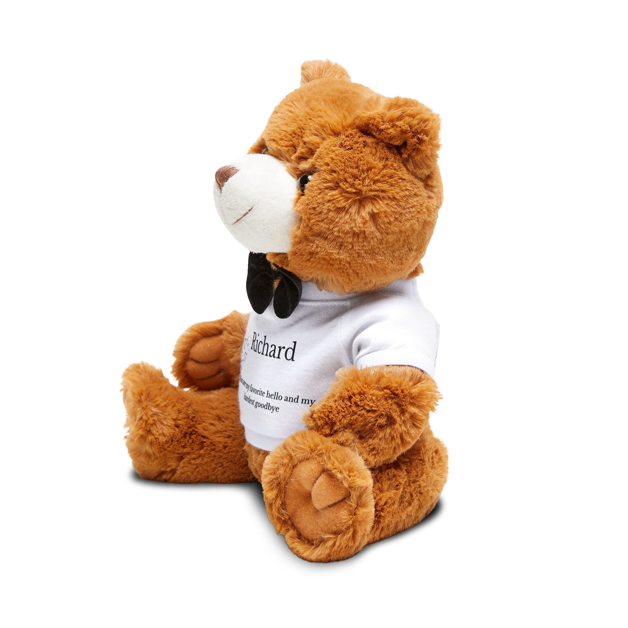 Close-up of the printed message on the teddy bear t-shirt