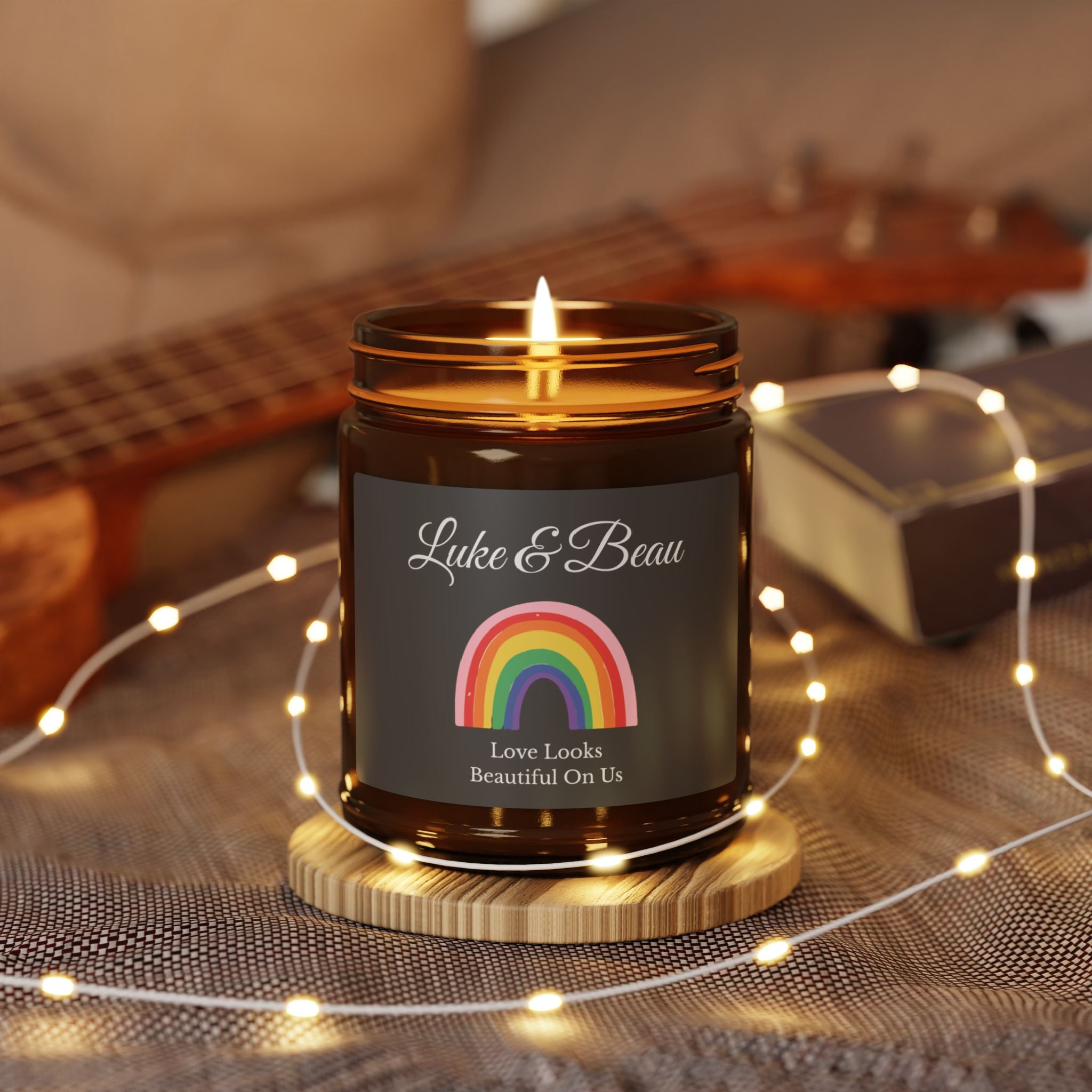 Love Looks Beautiful On Us personalised candle in home setting – anniversary gift for LGBT couples