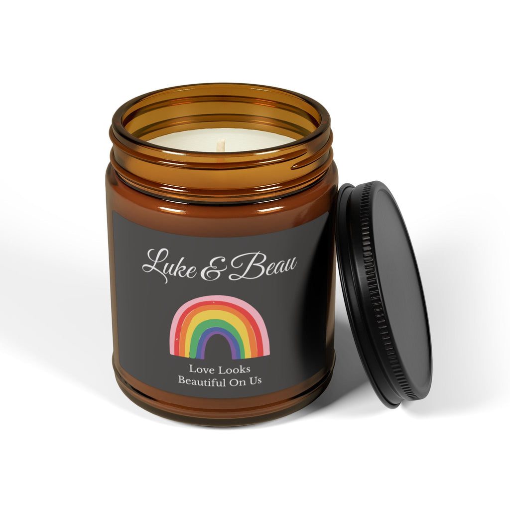 Close-up of rainbow candle label with both names personalised in white script