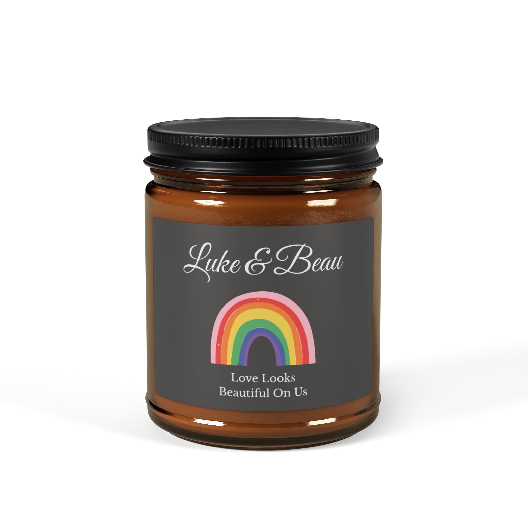 Personalised LGBT couples candle – Love Looks Beautiful On Us, charcoal label with rainbow