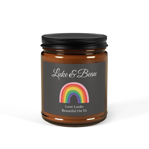 Personalised LGBT couples candle – Love Looks Beautiful On Us, charcoal label with rainbow