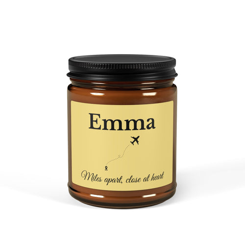 Personalised amber glass soy candle with name Emma and Miles Apart Close At Heart travel design