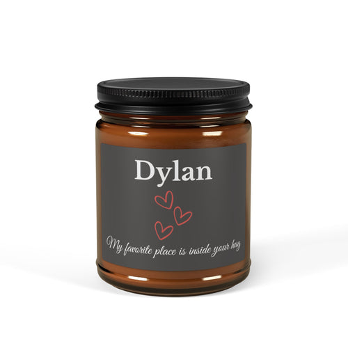 Personalised romantic candle for him – My Favorite Place Is Inside Your Hug, charcoal with red hearts