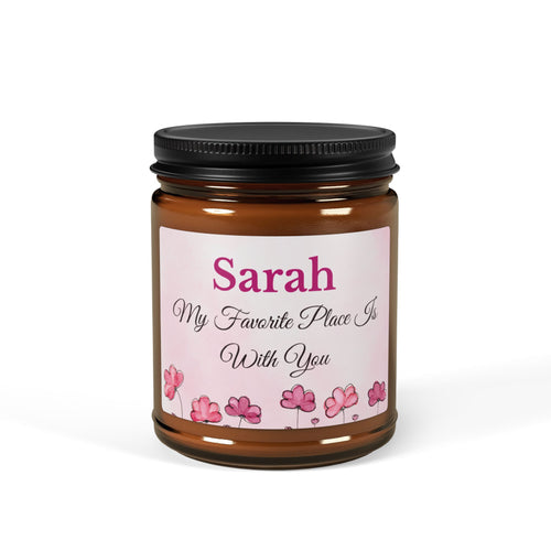 Personalised romantic soy candle – My Favorite Place Is With You, pink floral label