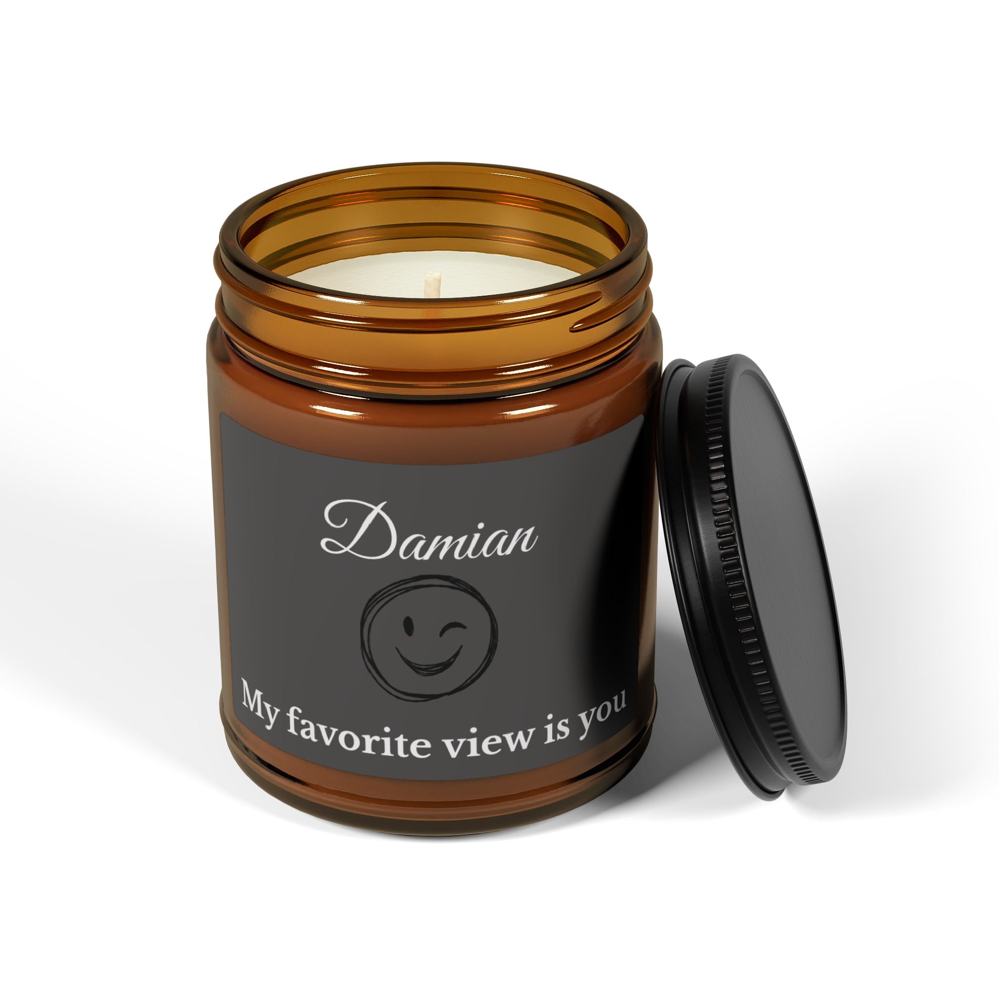 Personalised romantic candle for him – My Favorite View Is You, charcoal label with wink emoji