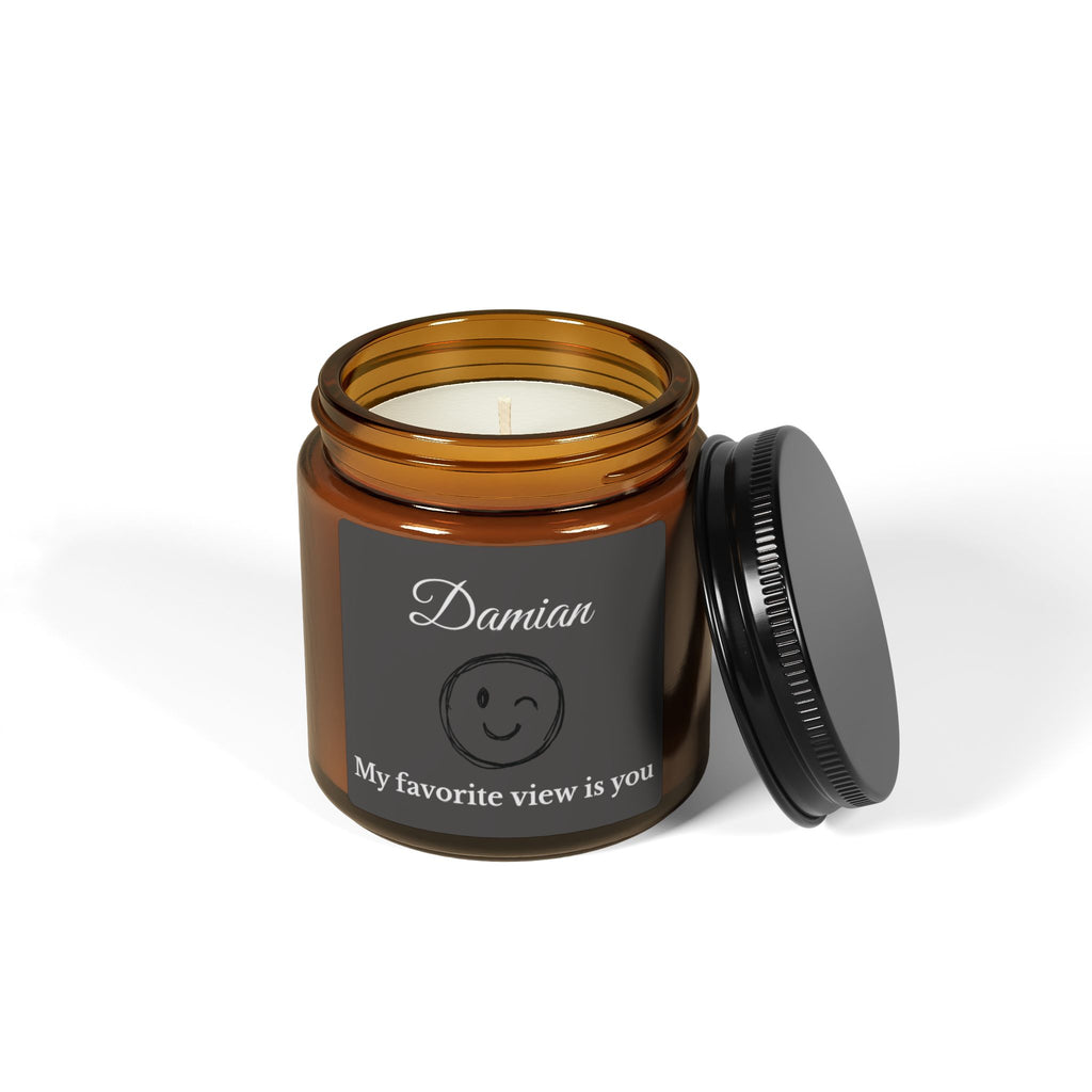 Side view of My Favorite View Is You personalised candle with grey label and white typography