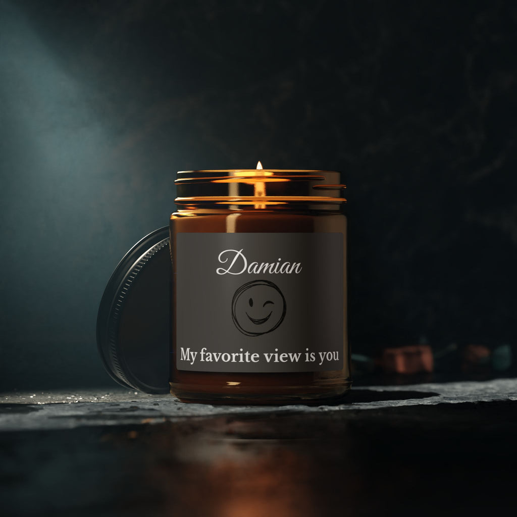 Personalised romantic soy candle for him 4oz and 9oz amber jar size comparison