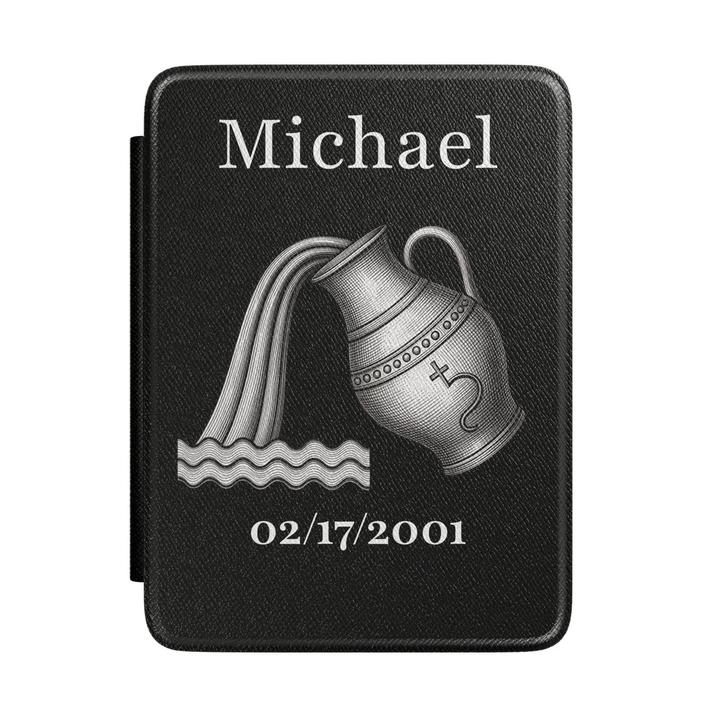 Personalized Aquarius zodiac Kindle case with constellation design, name and birth date