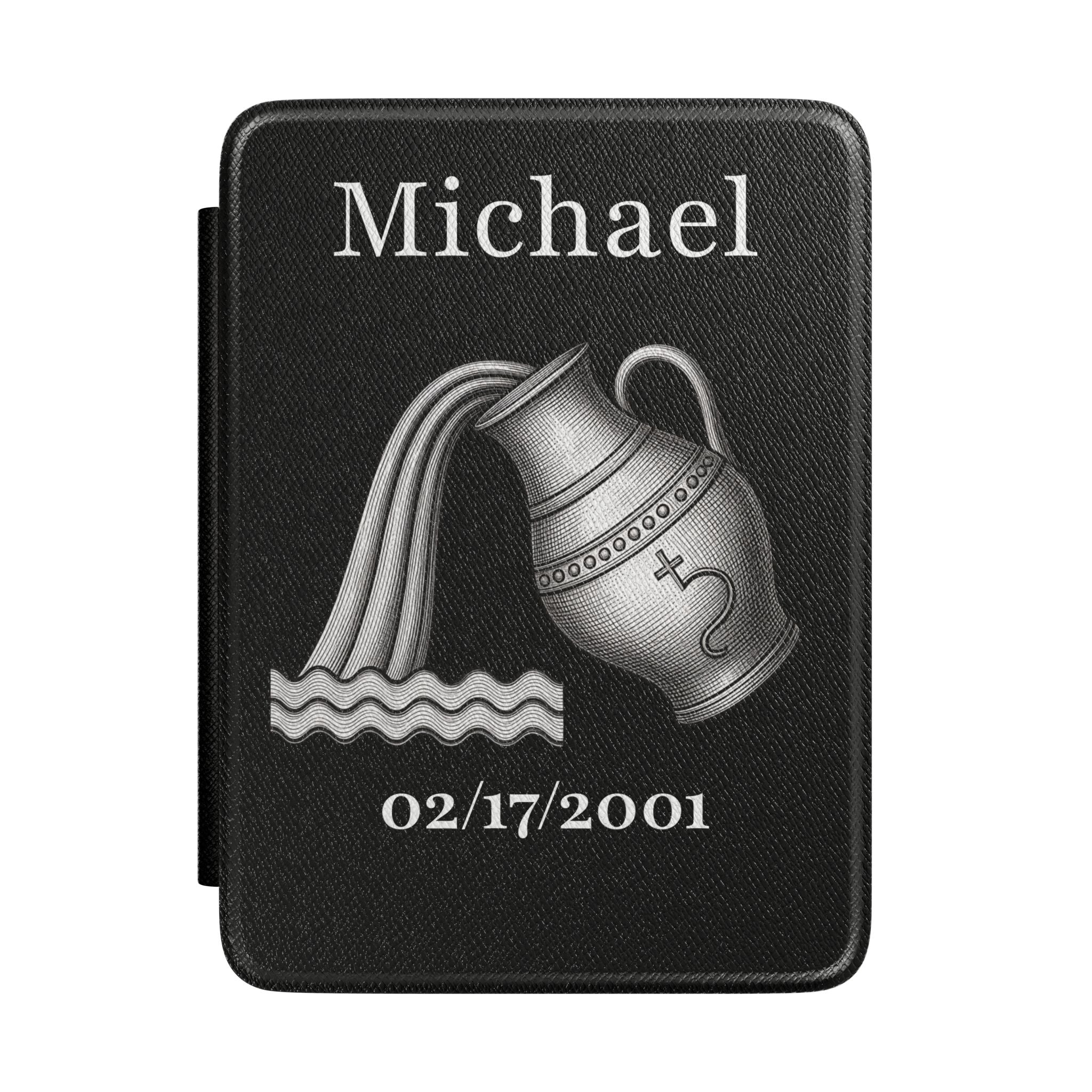 Personalized Aquarius zodiac Kindle case with constellation design, name and birth date