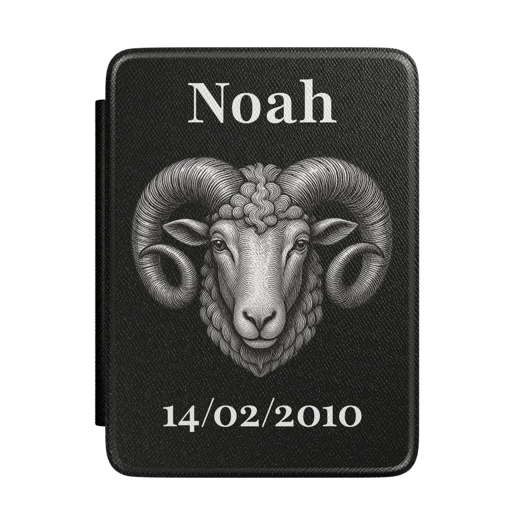 Personalized Aries zodiac Kindle case with engraved ram design, name and birth date