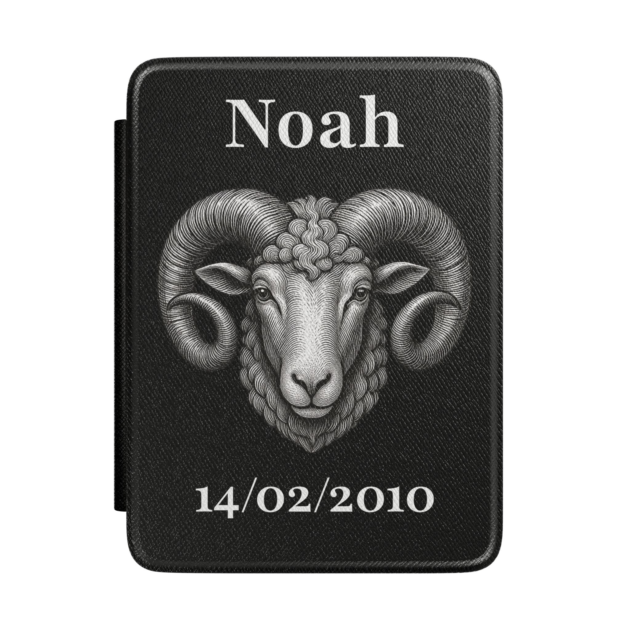 Personalized Aries zodiac Kindle case with engraved ram design, name and birth date