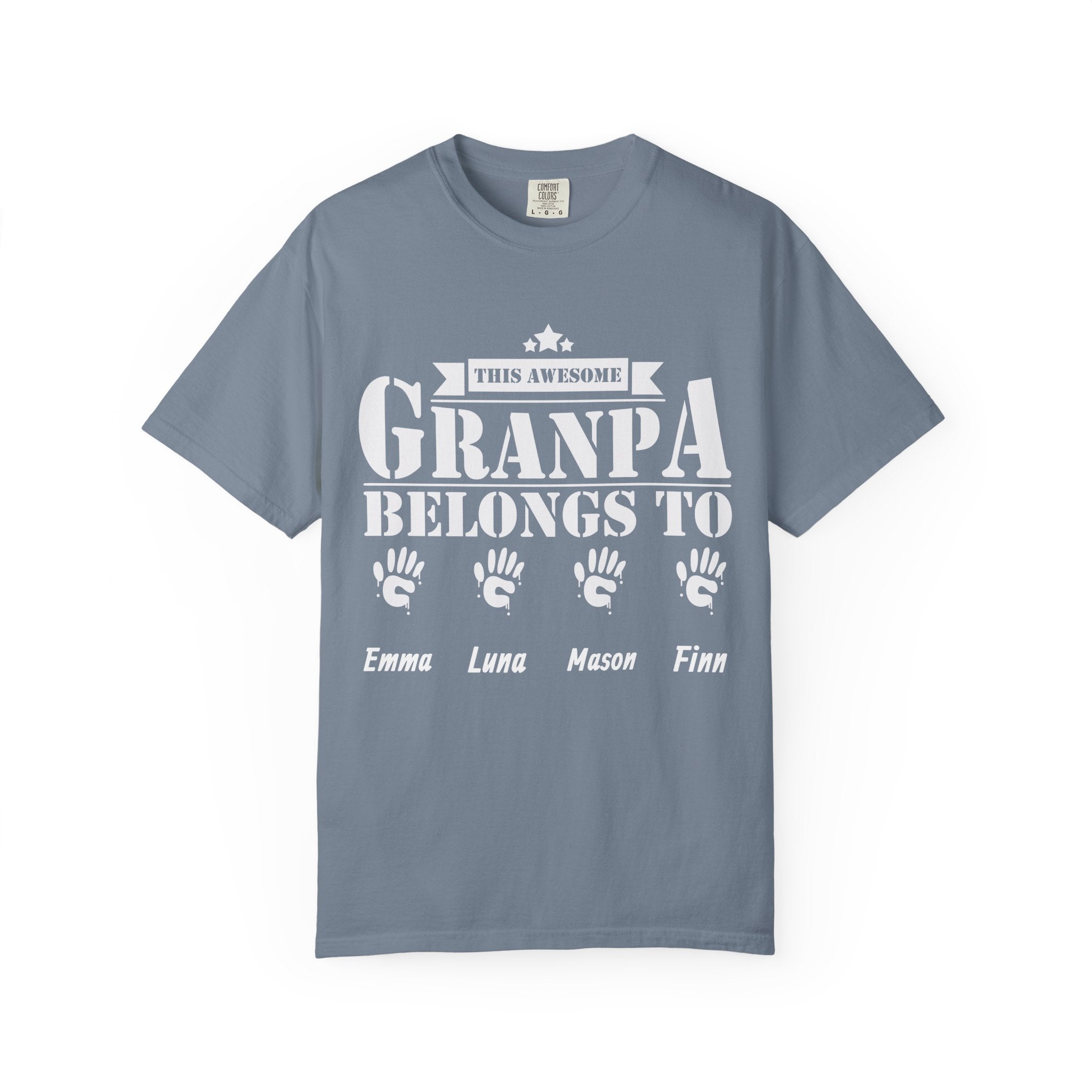 Close-up of handprint icons and grandkids names on grandpa t-shirt