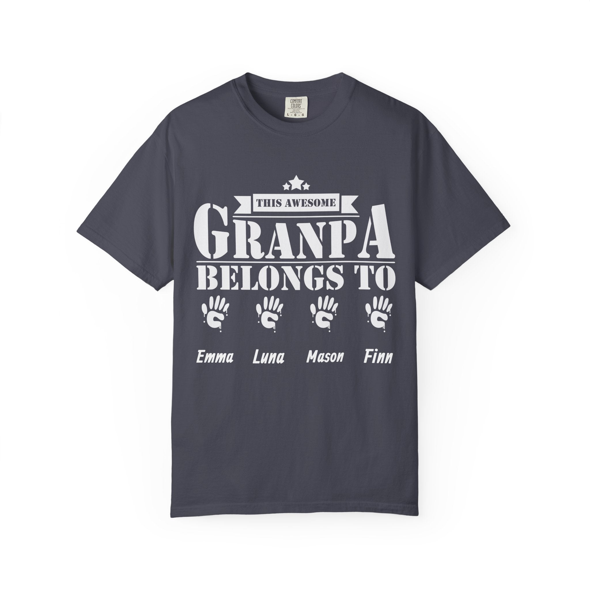 This Awesome Grandpa t-shirt flat lay with custom names