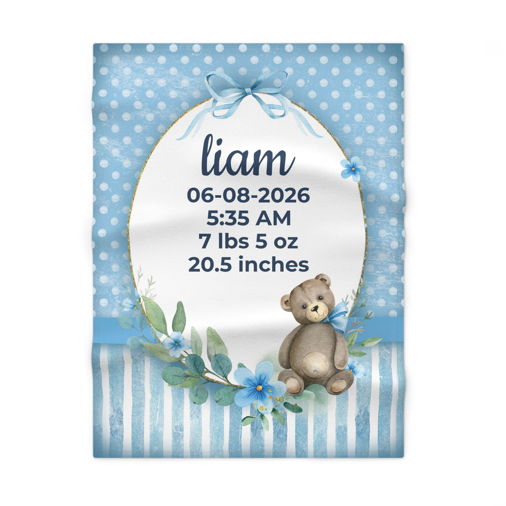 Personalized Birth Stats blue teddy bear fleece baby blanket with name and birth date